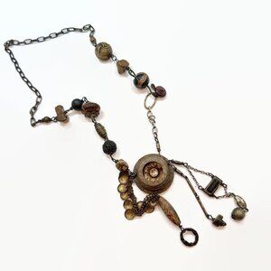 Unique Necklace, Rustic, Assemblage, Salvage,Statement, Stone, Wood, Metal,Brown